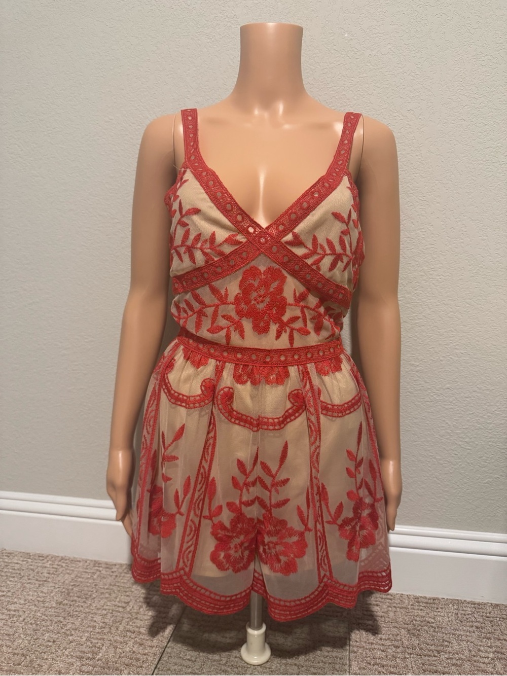 Honey Punch Sheer Lace Embroidered Romper